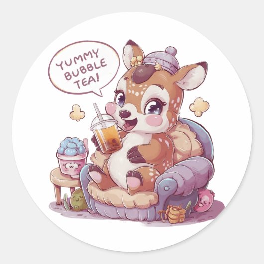 Sticker Rond Adorable Cerf de dessin : Cosy, Kawaii Vibes (Devant)