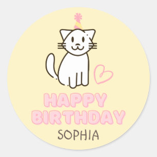 Sticker Rond Adorable Chat dans un Casquette d'anniversaire
