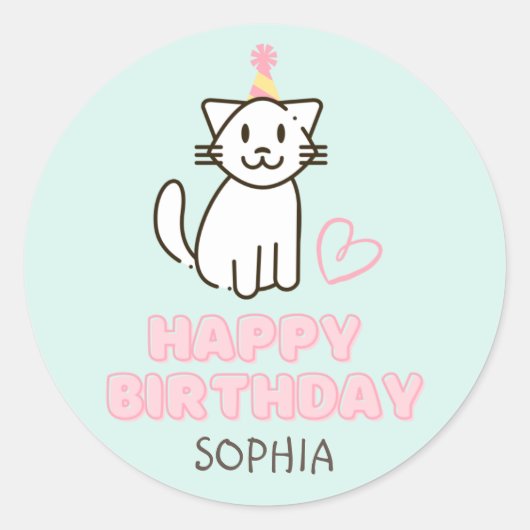 Sticker Rond Adorable Chat dans un Casquette d'anniversaire (Devant)