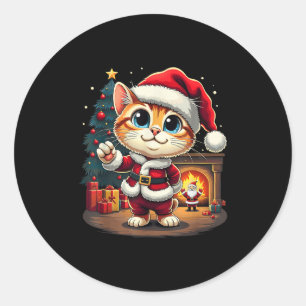 Sticker Rond Adorable Chat de Noël Santa Claus Beau Kit de Noël
