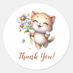 Sticker Rond Adorable Chat mignonne avec Fleurs de soleil
