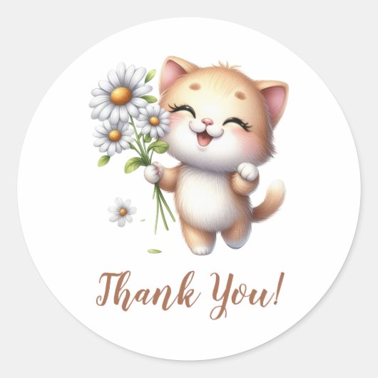Sticker Rond Adorable Chat mignonne avec Fleurs de soleil (Devant)