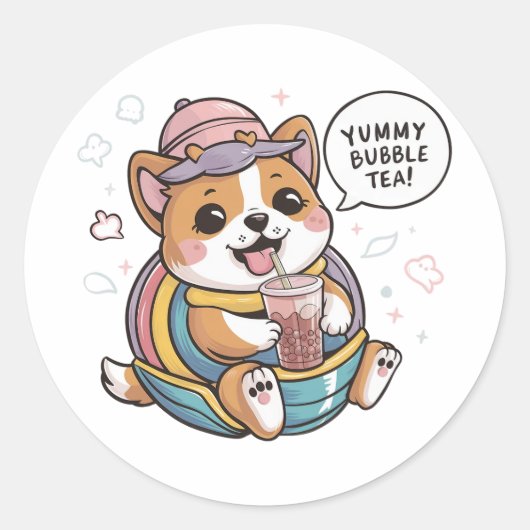 Sticker Rond Adorable chien de dessin : Cosy, Kawaii Vibes (Devant)
