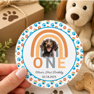 Sticker Rond Adorable Chien Rainbow Watercolor 1er anniversaire