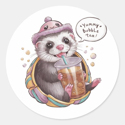 Sticker Rond Adorable Dessin Domestique Ferret : Cosy, Kawaii V (Devant)