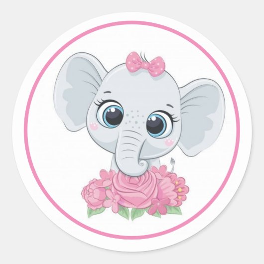 Sticker Rond Adorable Eléphant Aux Fleurs Roses (Devant)
