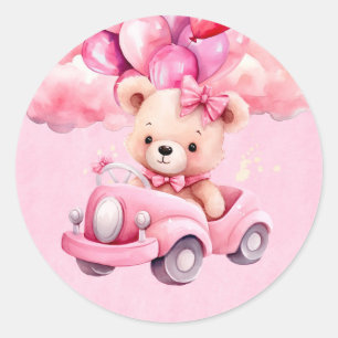 Sticker Rond Adorable Fille Teddy Oear Vintage Baby shower voit