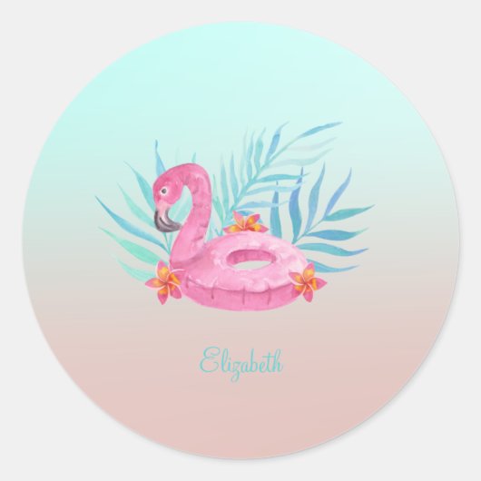 Sticker Rond Adorable Flamant rose rose  Feuilles (Devant)