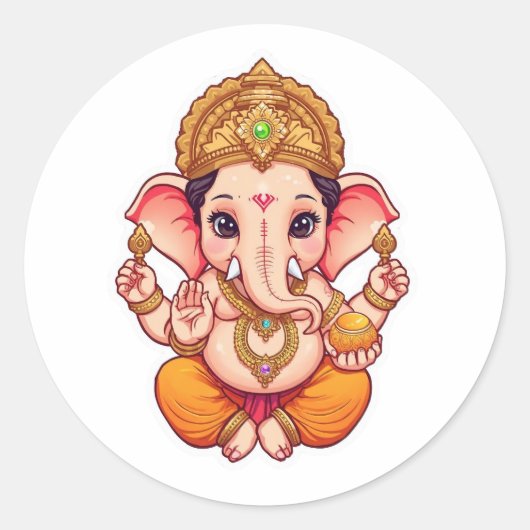Sticker Rond Adorable Ganpatio Bappa - Chibi Style Ganesha avec (Devant)