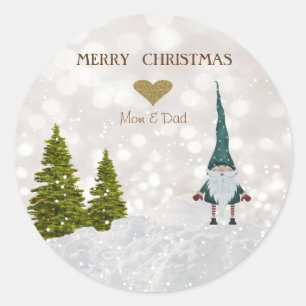 Sticker Rond Adorable Gnome Mignon,Résineux,Neige