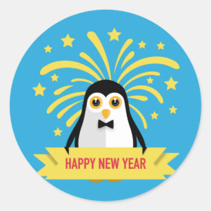 Sticker Rond Adorable Joyeux Pingouin du Nouvel An avec feux d'