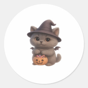 Sticker Rond Adorable Kitten en costume de sorcière Halloween a
