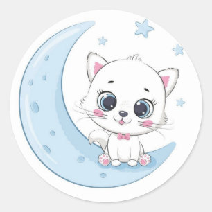 Sticker Rond Adorable Kitty au-dessus de la lune