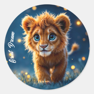 Sticker Rond adorable lionceau de furie aux yeux étincelants