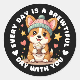 Sticker Rond Adorable Louveur de café Corgi