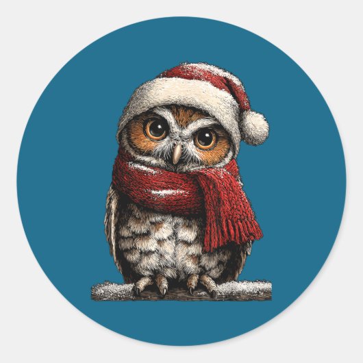 Sticker Rond Adorable Owl With Santa Hat Snowy Winter Christmas (Devant)