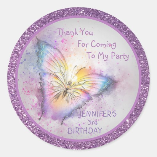 Sticker Rond Adorable papillon violet Merci fille Anniversaire (Devant)