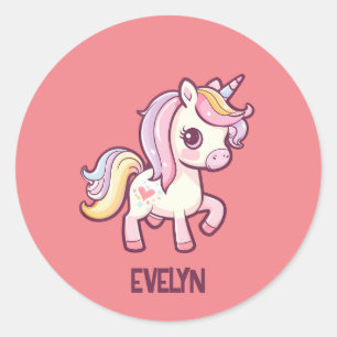 Sticker Rond Adorable Pastel Unicorn avec nom enfant
