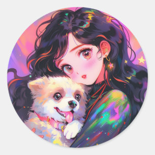 Sticker Rond Adorable Retro Anime Girl & Her Dog