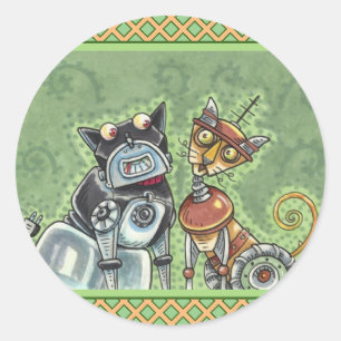 Sticker Rond ADORABLE ROBOT BULLDOG & FELINE AMI Drôle
