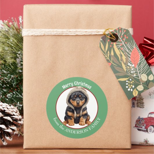 Sticker Rond Adorable Rottweiler Chiot en hiver Casquette Noël (vacances)