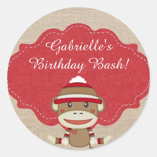 Sticker Rond Adorable Rustic Custom Sock Fête de Singe (Devant)