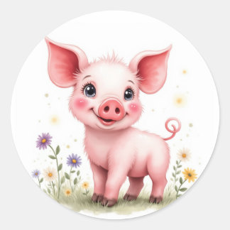 Sticker Rond Adorable smiling baby piglet with big eyes, standi