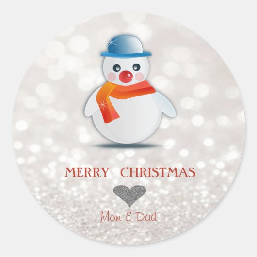 Sticker Rond Adorable Snowman, Glittery Bokeh (Devant)
