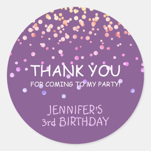 Sticker Rond Adorable Violet Confetti Merci fête Anniversaire (Devant)