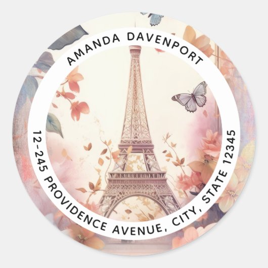 Sticker Rond Adresse de la tour Eiffel Papillons et Fleurs (Devant)