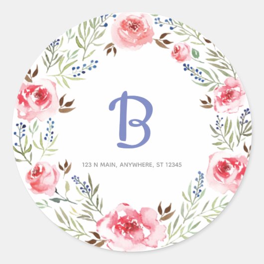 Sticker Rond Adresse de monogramme de couronne rose tendance (Devant)