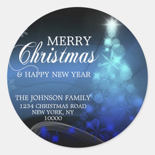 Sticker Rond Adresse de retour blanche bleue d'arbre de JOYEUX (Devant)