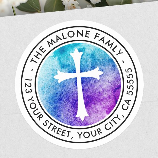 Sticker Rond Adresse de retour de couleur bleu pourpre croisée