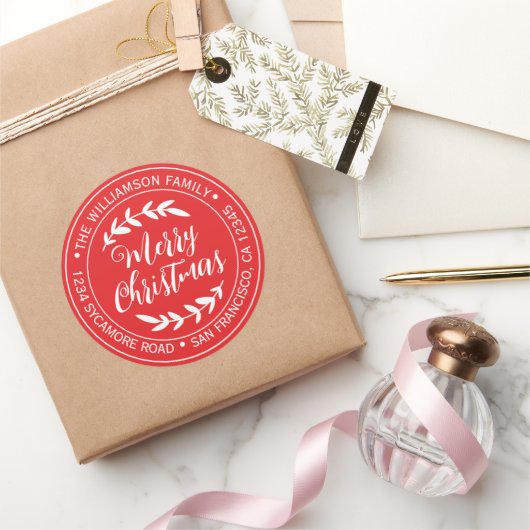 Sticker Rond Adresse de retour de Joyeux Noël Rouge vif (Cadeaux)