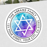 Sticker Rond Adresse de retour de l'étoile de David bleu<br><div class="desc">Élégante étiquette d'adresse de retour avec un blanc,  Star of David sur un arrière - plan d'aquarelle violet et bleu aqua et votre adresse de retour dans une police sans-serif moderne.</div>
