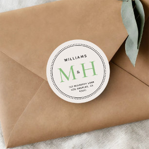 Sticker Rond Adresse de retour de mariage à monogramme vert élé
