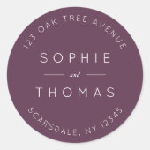 Sticker Rond Adresse de Retour de Mariage Violet Foncé Moderne (Devant)