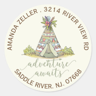Sticker Rond Adresse de retour du Baby shower Teepee Tribal