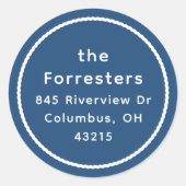 Sticker Rond Adresse de retour du cadre blanc bleu simple (Devant)