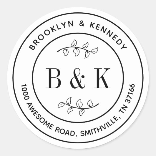 Sticker Rond Adresse de retour du nom du couple de mariage flor (Devant)