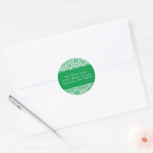 Sticker Rond Adresse de retour festive en damas vert vintage