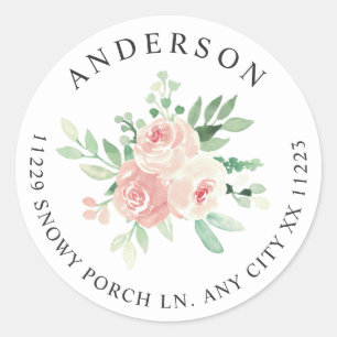 Sticker Rond Adresse de retour Fleurs Rose Blush