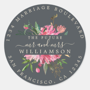 Sticker Rond Adresse de retour Floral rose Hors Enveloppe Noir