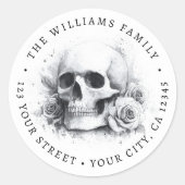Sticker Rond Adresse de retour Halloween crâne avec des roses (Devant)