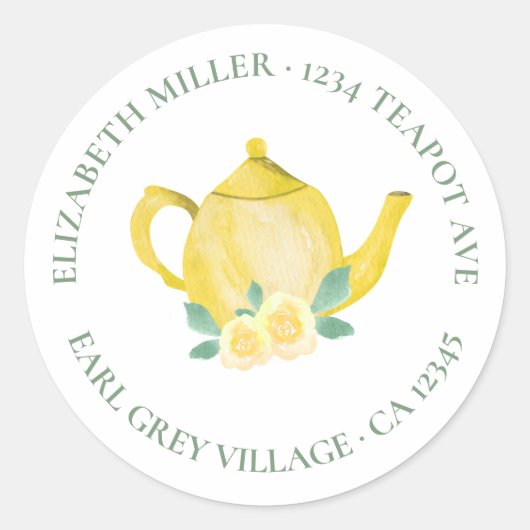Sticker Rond Adresse de retour mignon Aquarelle Teapot jaune (Devant)