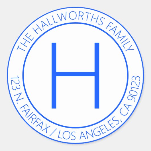 Sticker Rond Adresse de retour moderne bleu et blanc (Devant)