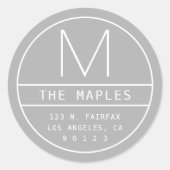 Sticker Rond Adresse de retour moderne et monogramme | gris cla (Devant)
