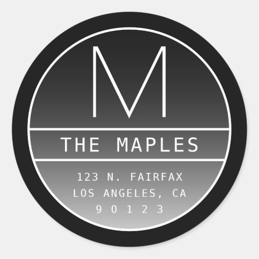 Sticker Rond Adresse de retour moderne et monogramme | Noir dég (Devant)