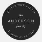 Sticker Rond Adresse de retour moderne nom de famille noir (Devant)