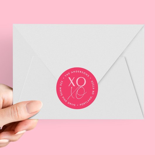 Sticker Rond Adresse de retour moderne XOXO Hot Pink